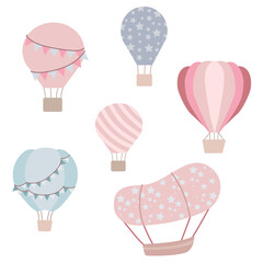 Set of balloons in the sky. Decor for the children's room balloons and derezhables. Vector illustration isolated on white background