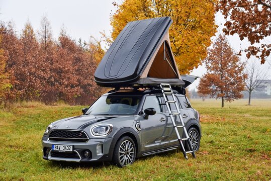 Mini Countryman Cooper S All4. Car in a camping version. Sleeping on the roof of the car. 11-11-2021, Prague, Czech Republic.