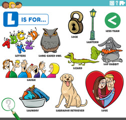 letter l words educational set with cartoon characters