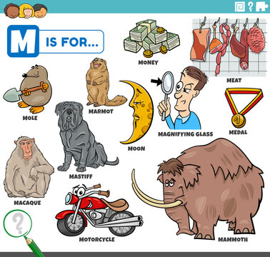 letter m words educational set with cartoon characters