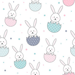 Easter background with bunnies and decorative eggs. Seamless pattern. Vector