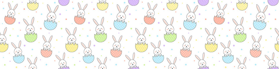 Smiley Easter bunnies and decorative eggs. Concept of a seamless pattern. Banner. Vector