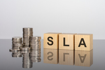 sla - text on wooden cubes on a cold grey light background with stacks coins