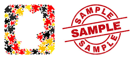 German map mosaic in German flag official colors - red, yellow, black, and dirty Sample red round stamp. Sample stamp uses vector lines and arcs.