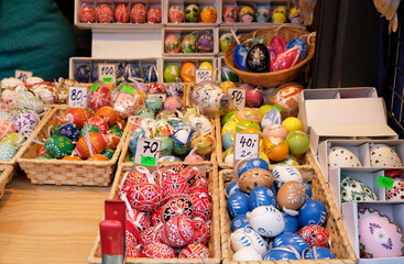 Beautiful colorful decor for Easter. Traditional Easter painted colorful eggs are sold at a market in Prague, Czech Republic. 