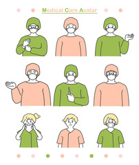 手術着を着た男女の医師と子供のイラストセット