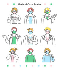 マスクをつけて案内する男女の医者と子供　シンプルでかわいいイラストセット