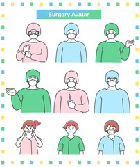 手術着を着た男女の医師と子供のイラストセット