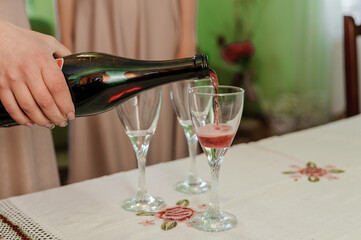 Glasses of red sparkling wine on the table. serving wine