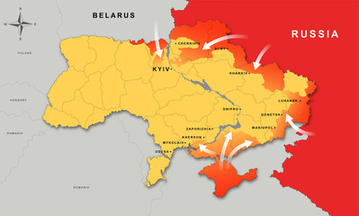 Ukraine and Russia military conflict. Map of Ukraine with military hotspots. War and aggression concepts. Geopolitical crisis. Independence and sovereignty of country. Cartoon flat vector illustration
