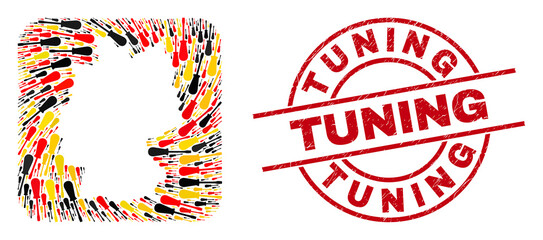 German map mosaic in German flag official colors - red, yellow, black, and dirty Tuning red circle stamp seal. Tuning seal uses vector lines and arcs.