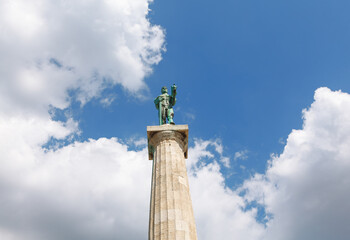 Pobednik the greatest monuments in Belgrade Serbia . Naked male statue in the center of Belgrade - obrazy, fototapety, plakaty