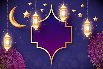 Hanging Ramadan lanterns and stars with golden crescent moon