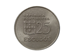 Obverse of Portugal coin 25 escudos minted from 1977 till 1986. Isolated with white background.