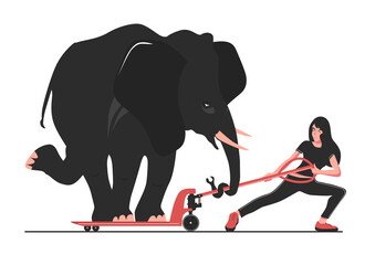 Overloading. Warehouse safety tip with a woman trying to pull a pallet jack with an elephant. Vector.