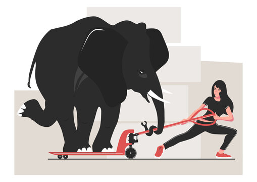 Overloading. Warehouse Safety Tip With A Woman Trying To Pull A Pallet Jack With An Elephant. Vector.