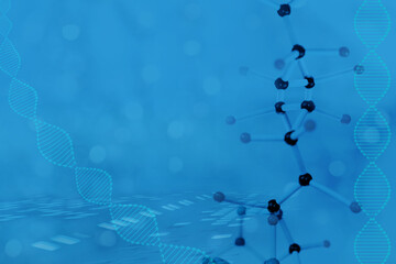 close-up of model of molecular compounds, deoxyribonucleic acid on a blue blurred background, study...