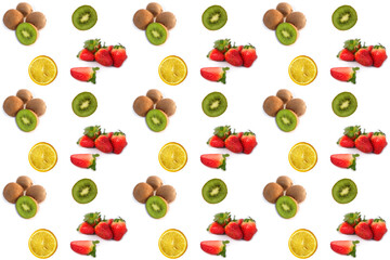 fresh vitamin fruit kiwi, strawberry, yellow lemon slices, modern bright pop art texture, seamless pattern, geometric colored background, green basis for designer concept of vegetarian, healthy eating