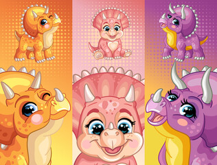 Set of cute dinosaur triceratops vertical background vector illustrations © alinart
