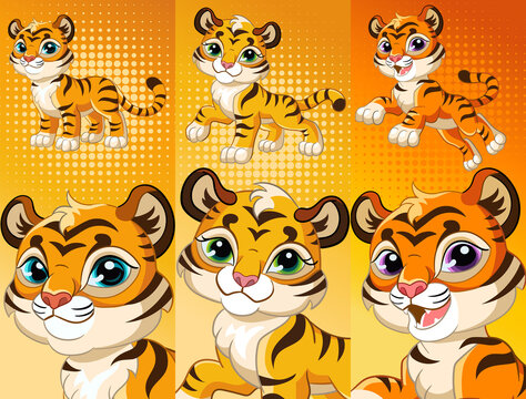 Set of cute tigers vertical background vector illustrations