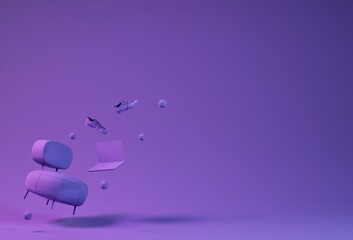 Purple chair, laptop, shoes floating on purple background. Minimal concept with copy space. 3d rendering