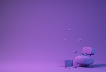 Purple chair, laptop, shoes floating on purple background. Minimal concept with copy space. 3d rendering