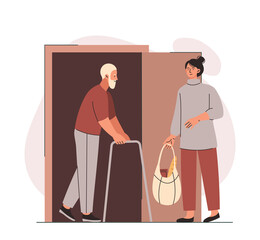 Delivery of food to old man concept. Young woman brings bag of groceries to elderly grandfather. Charity and assistance to adults at risk. Kind character. Cartoon modern flat vector illustration