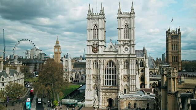 Aerial panoramic Timelapse view of Westminster Abbey, English British Church. Scenic hyperlapse of famous attraction in London, United Kingdom