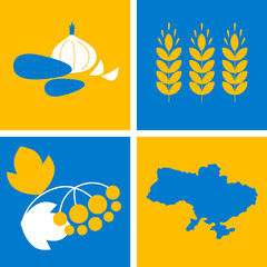 Fototapeta na wymiar Ukraine Icon Set. The contour of Ukrainian map, wheat, still life. Support Ukraine Illustration. Vector illustration for design and web. No war