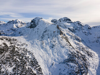 Aerial winter landscape of Rila Mountain near Malyovitsa peak, Bulgaria