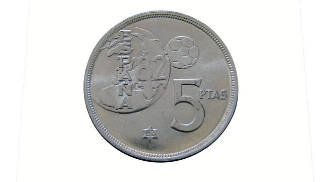 Rotating obverse of Spain coin 5 pesetas 1982. Isolated in white background.