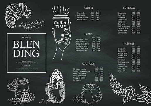 Coffee illustration for poster or menu template. Decorative sketch of cup of coffee. Restaurant cafe menu, template design. Vector.
