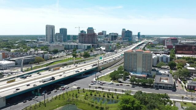 Aerial timelapse view of the city of Orlando, Florida with busy traffic.  April 8, 2022