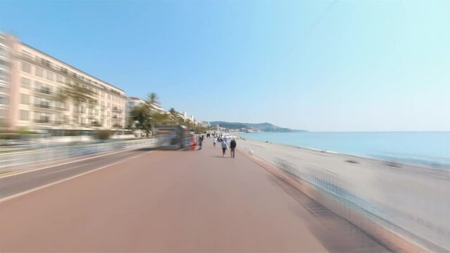 Nice, France, Timelapse - First person hyperlapse of the Promenade des Anglais boulevard in Nice during a sunny day
