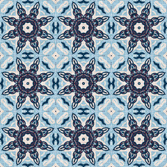 Indigo blue red batik geo nautical seamless pattern. Modern marin geometric kaleidoscope sailor print. Nantucket fabric textile style. Summer rustic masculine worn linen effect maritime decor. 