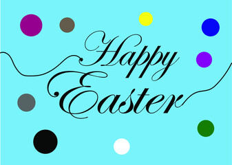 Happy Easter. Handmade modern calligraphy lettering with blue background and colorful polka dots