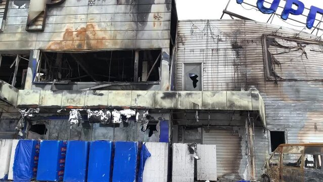 Bucha, kyiv, Ukraine - 01.04.2022: War in Ukraine. Shopping center destroyed by russian military forces in the city of Bucha