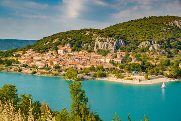 The city on the bank of the artificial lake in France, Provence, lake Saint Cross, gorge Verdone,...