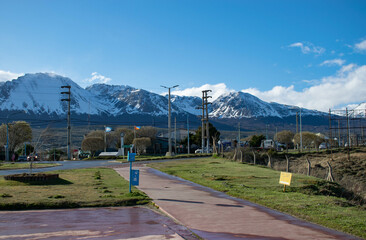 Landscape with lake and mountains.
