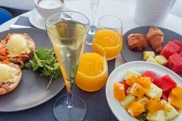 Close-up view of table with fancy Sunday brunch.