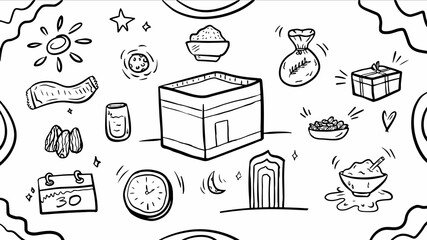 doodle outline hand drawn ramadan moslem vector illustration icon set template collection for coloring book and other