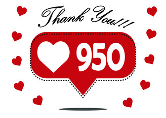 950 likes thank you. red social network notification icon with heart. vector illustration