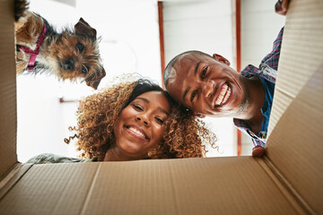 Look what we found. Low angle portrait of a cheerful couple and their dog looking into a box together to see whats inside.