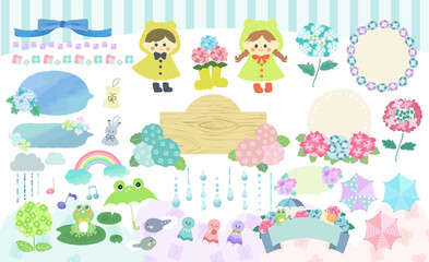 〘 ベクター 〙 かわいい梅雨とあじさいのイラストセット