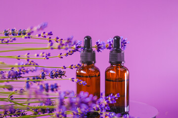 Obraz na płótnie Canvas Lavender essential oil.Aromatherapy and massage. bottles oil set and lavender flowers on a purple background.aroma of lavender.Essence with lavender scent. 