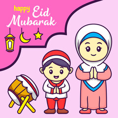 Cute Muslim Mother and Son in Cartoon. Ramadan Vector Illustration. Flat Style Concept.