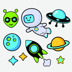 set of cosmic childish color patches, stickers and pins.