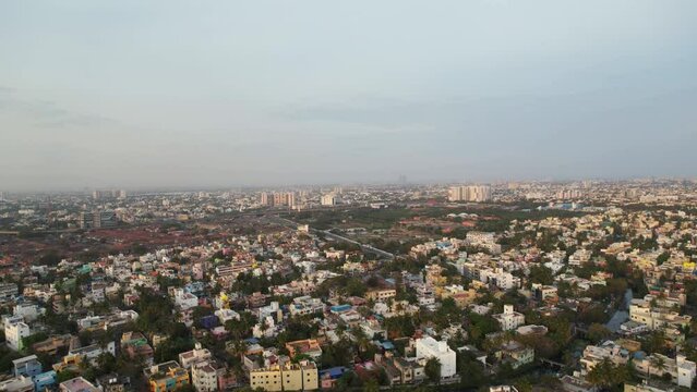 Low aerial view of Chennai city near Koyambedu.