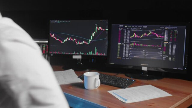 A rear view of a body sitting at a computer and looking at an online stock market chart showing bitcoin currencies. The boy gets up from the table and leaves the frame. In real time. Cryptocurrency