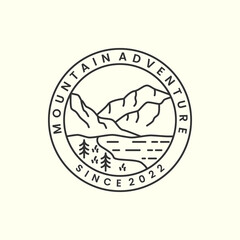 mountain adventure with badge and line art style logo icon template design.river, tree, vector illustration